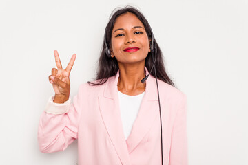 Telemarketer Indian woman working with a headset isolated on white background showing number two with fingers.