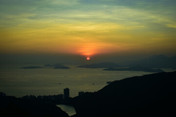 High angle of calm seascape at sunset 