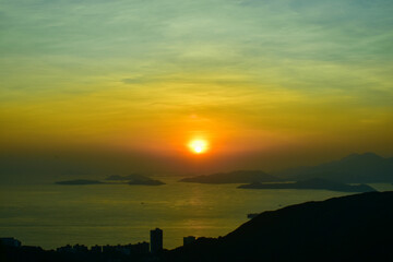 High angle of calm seascape at sunset 