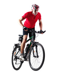 Cyclist riding his mountain bicycle in a white studio