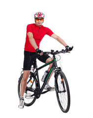 Full length picture of a standing cyclist isolated on white