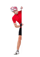 full length portrait of a cyclist in red jersey and helmet  holding the blank board
