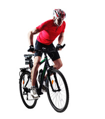 Fototapeta na wymiar Full length portrait of a cyclist riding his mountain bicycle in a white studio