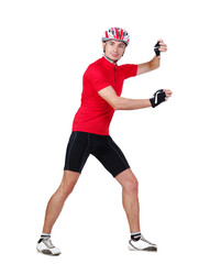 Portrait of a cyclist holding the full length blank board in a white studio