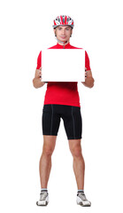 Standing cyclist with a blank board in hands