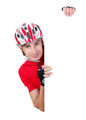 Vertical closeup portrait of a smiling cyclist holding the blank board