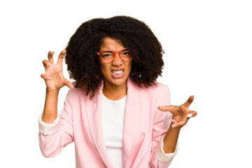 Young African American woman isolated upset screaming with tense hands.