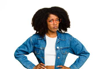 Young African American woman isolated confused, feels doubtful and unsure.