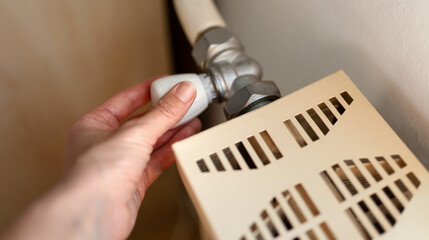 Hand turning, adjusting an old heating radiator. Gas and energy savings, energy crisis or heating...