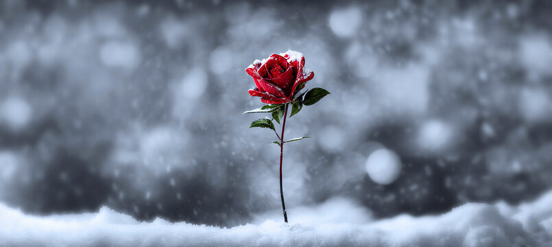 A computer generated single red rose stem growing up through snow against a blurred winter background, 3D illustration. A.I. generated art.