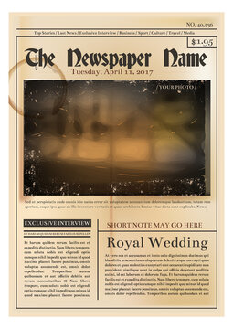 Aged yellow newspaper template. Vintage front page