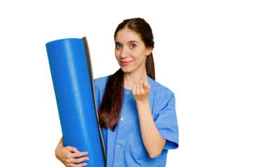 Young caucasian physiotherapist woman holding a mat isolated pointing with finger at you as if inviting come closer.