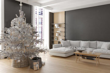 New year tree in scandinavian style interior with christmas decoration