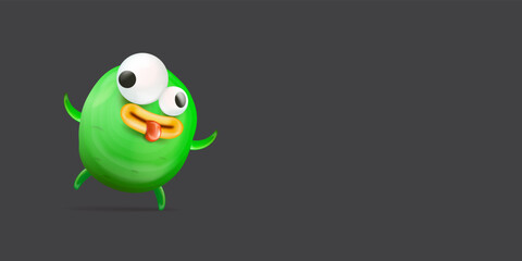 Vector cartoon funny green alien monster isolated on grey background. Smiling silly green monster print sticker design template. Cute Ghost, troll, gremlin, goblin, devil and halloween monster