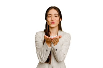 Young caucasian long hair woman isolated folding lips and holding palms to send air kiss.