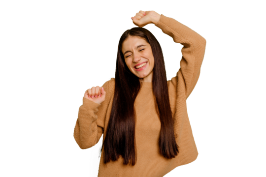 Young caucasian long hair woman isolated celebrating a special day, jumps and raise arms with energy.