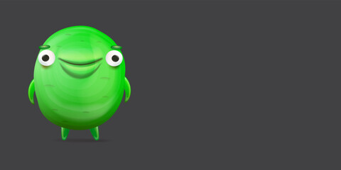 Vector cartoon funny green alien monster isolated on grey background. Smiling silly green monster print sticker design template. Cute Ghost, troll, gremlin, goblin, devil and halloween monster