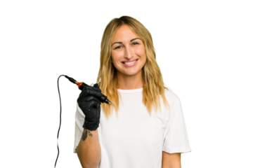 Tattoo artist caucasian woman isolated on green chroma background happy, smiling and cheerful.