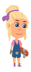 Cartoon girl with skateboard. Cute character. Child hobby