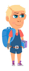 Boy going to school. Kid with books and backpack. Cute cartoon character