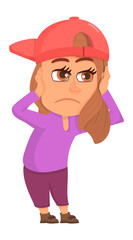 Girl covering her ears. Child not listening. Sad cartoon character