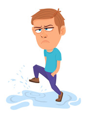 Angry kid walking in puddle. Children bad behavior