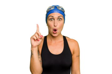 Young caucasian swimmer woman isolated on green chroma background having some great idea, concept of creativity.