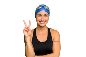 Young caucasian swimmer woman isolated on green chroma background showing number two with fingers.