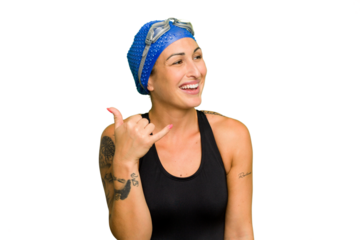 Young caucasian swimmer woman isolated on green chroma background showing a mobile phone call gesture with fingers.