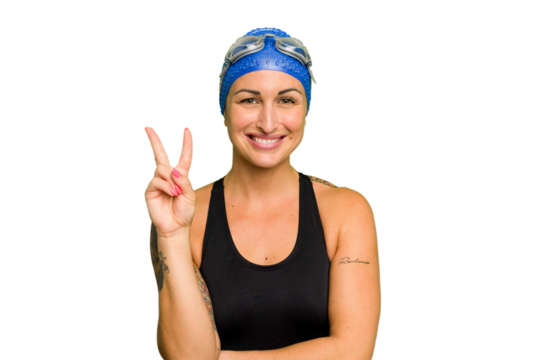 Young caucasian swimmer woman isolated on green chroma background showing number two with fingers.