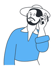 Man talking on phone. Hat guy calling on mobile from vacation