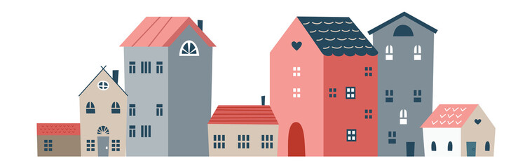 Cute town street. Cozy tiny houses in scandinavian style - obrazy, fototapety, plakaty