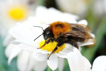 Closeup on a queen tree bumblebee, Bombus hypnorum sitting on a white flower