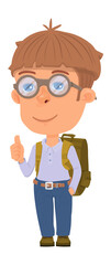 Smart kid with thumb up. Approving cartoon character