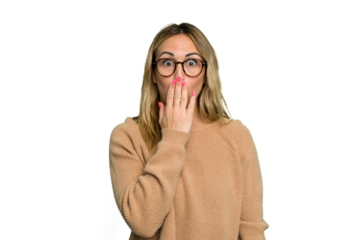 Young caucasian woman isolated on green chroma background shocked, covering mouth with hands, anxious to discover something new.