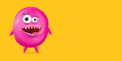 Vector cartoon funny pink alien monster isolated on orange background. Smiling silly pink monster print sticker design template. Cute Ghost, troll, gremlin, goblin, devil and halloween monster