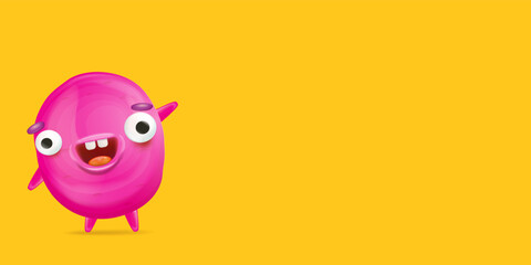 Vector cartoon funny pink alien monster isolated on orange background. Smiling silly pink monster print sticker design template. Cute Ghost, troll, gremlin, goblin, devil and halloween monster