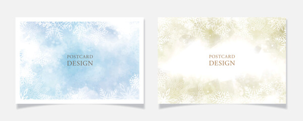 雪の結晶を散りばめたポストカードデザインD【ブルーとクリームイエローの水彩塗】