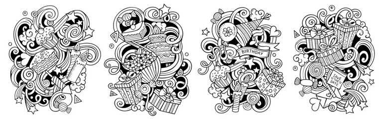 Birthday cartoon vector doodle designs set.