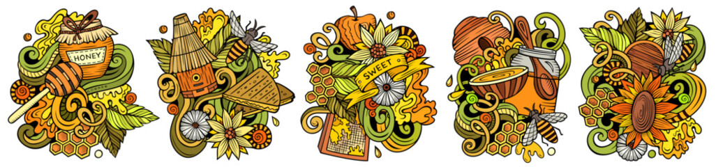 Honey cartoon vector doodle designs set