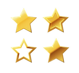 Vector stars set of realistic metallic golden stars isolated on white background. Glossy yellow 3D trophy star icon.