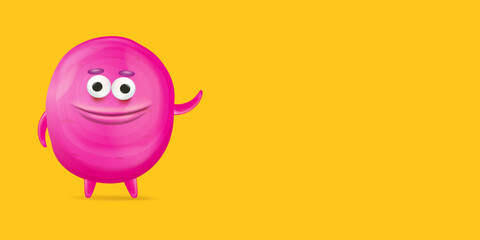 Vector cartoon funny pink alien monster isolated on orange background. Smiling silly pink monster print sticker design template. Cute Ghost, troll, gremlin, goblin, devil and halloween monster