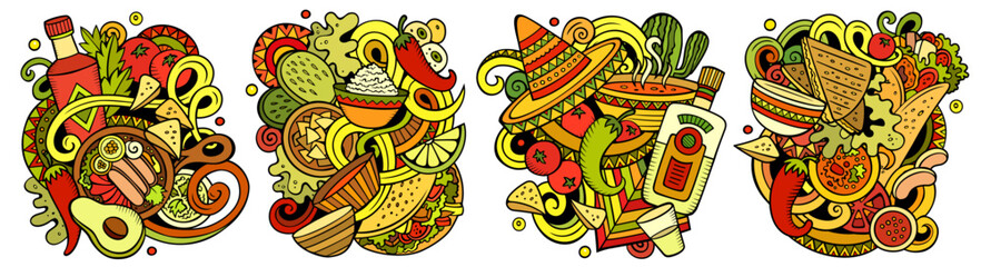 Mexican food cartoon vector doodle designs set