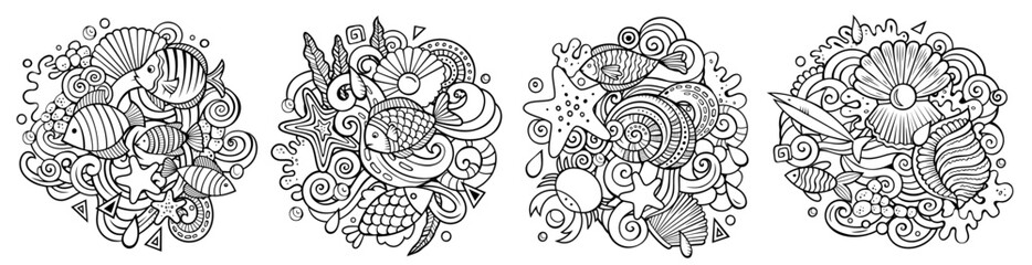 Underwater life cartoon vector doodle designs set.