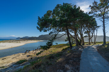View of the Cies Islands with the beautiful beach of Rodas, in Galicia, Spain. 