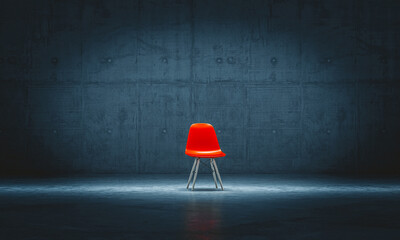lonely red chair in a concrete room.