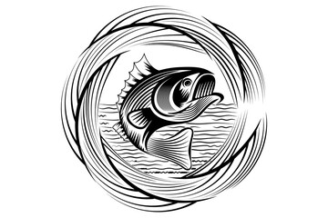Illustration of an fisherman is pulling fishing rod while salmon jumping to catch the bait