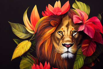 Close-up Portrait von König der Löwen in tropischen Blumen und Blättern. Malerisches Porträt Tier der wild lebenden Tiere. Digitale Illustration © Viks_jin