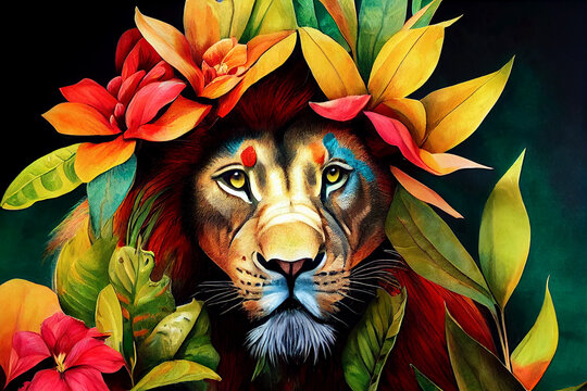 Close-up portrait of Lion king in tropical flowers and leaves. Picturesque portrait Wildlife animal. Digital illustration  