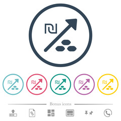 Rising coal energy Israeli New Shekel prices flat color icons in round outlines